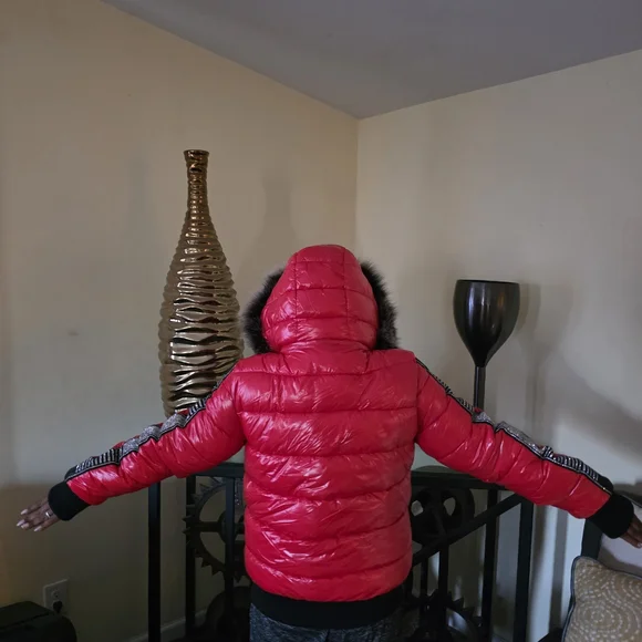 Women's Red Bomber Jacket with Fur Trim - Picture 5 of 5